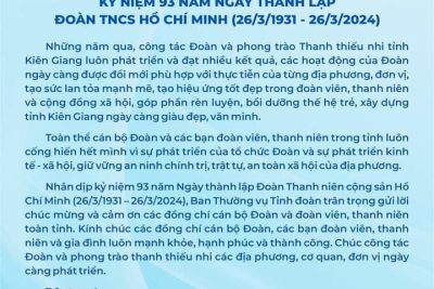 Thư chúc mừng kỷ niệm 93 năm ngày thành lập Đoàn TNCS Hồ Chí Minh(26/3/1931-26/3/2024)