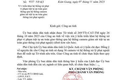 Số: 9337 /VP-KT Kiên Giang, ngày 07 tháng 11 năm 2023 V/v triển khai hệ thống xử phạt vi phạm trật tự an toàn giao thông qua hệ thống camera giám sát trật tự an toàn giao thông (xử phạt nguội)